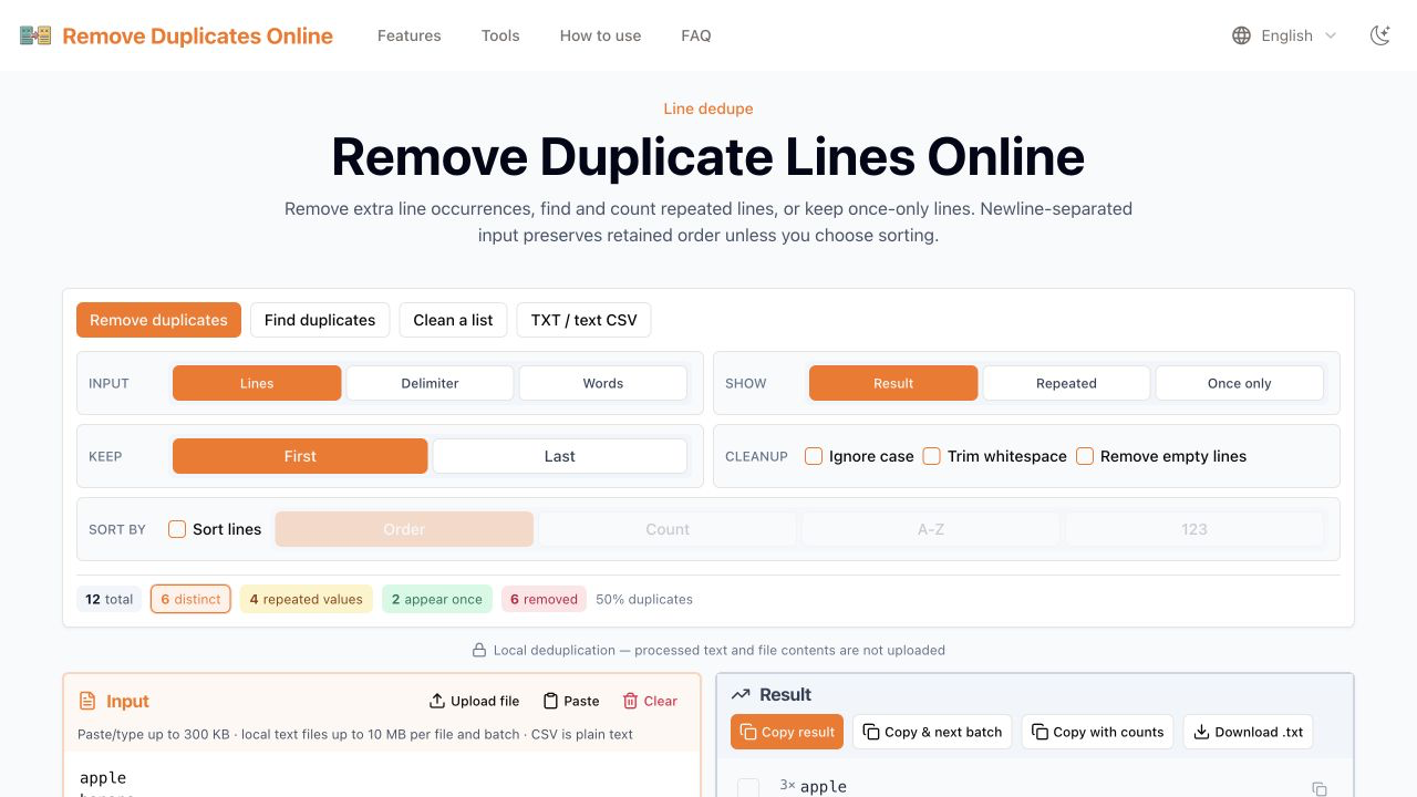 Remove Duplicates Online line deduplication interface